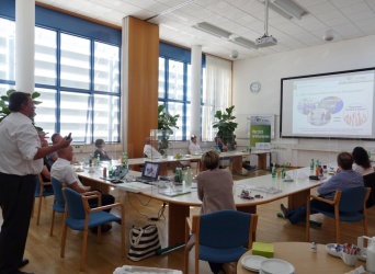 Präsentation in einem Besprechungsraum mit mehreren Personen an einem großen Tisch.