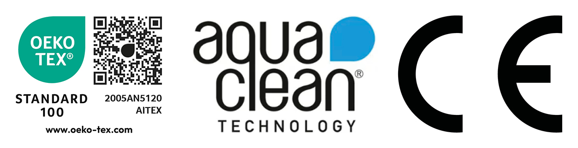 Logos OEKO-TEX, AquaClean und CE