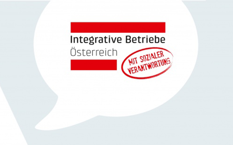 Sprechblase mit Logo: Integrative Betriebe Österreich - mit sozialer Verantwortung