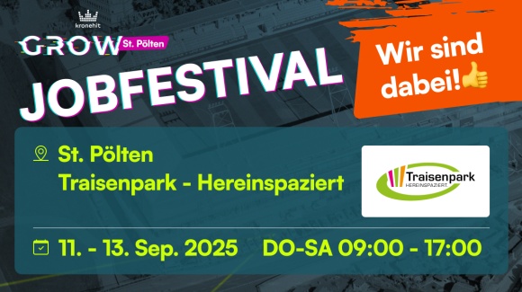 Grafisch gestaltetes Ankündigungsplakat für das GROW Jobfestival im Traisenpark St. Pölten - Wir sind dabei!