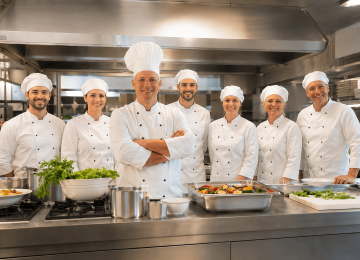 Mehrere K&ouml;chinnen und K&ouml;che in wei&szlig;er Berufskleidung stehen gemeinsam in einer Gro&szlig;k&uuml;che hinter einer Arbeitsfl&auml;che mit frischen Zutaten und zubereiteten Speisen.