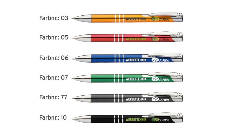 6 Kugelschreiber in verschiedenen Farben mit den Farbnummern daneben links
