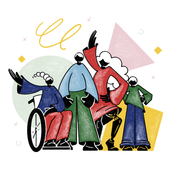 Illustration von Menschen mit Handicaps, z.B. Rollstuhl, Beinprothese, Größenunterschiede
