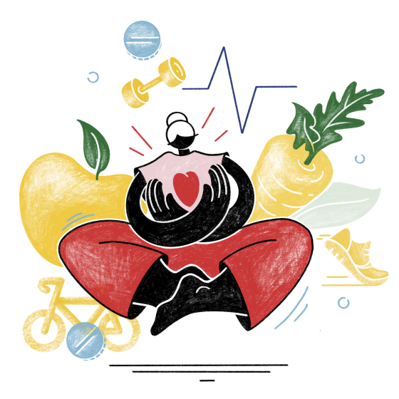 Illustration einer Person mit einem Herz, um die Person herum sieht man unter anderem folgende Motiven Apfel, Karotte, Sportschuh, Fahrrad, Hantel ...