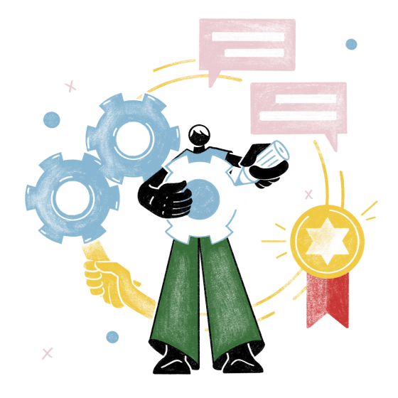 Illustration eines Menschen in der Mitte und folgenden Darstellungen rund herum: Zahnräder, Orden, Handschlag, Kommunikationsblasen