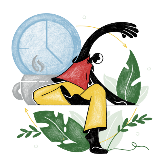 Illustration eines Menschen mit einer Uhr und einer Kaffeetasse im Hintergrund