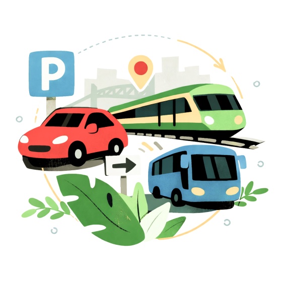 Illustration zum Thema Verkehrsanbindung und Infrastruktur - zu sehen sind Auto, Zug, Bus und Parkplatzsymbol