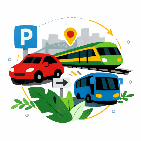 Illustration zum Thema Verkehrsanbindung und Infrastruktur - zu sehen sind Auto, Zug, Bus und Parkplatzsymbol