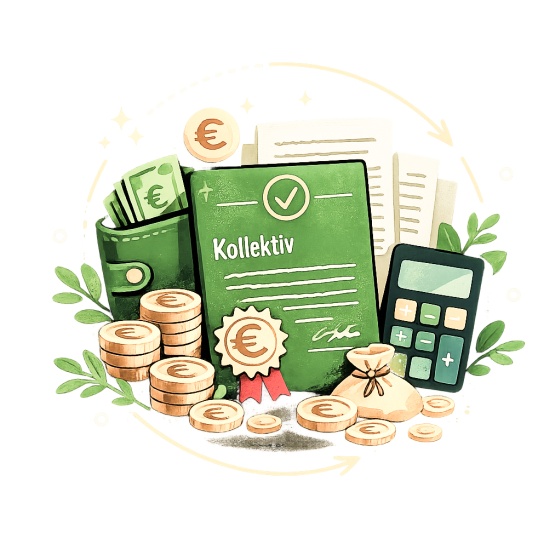 Illustration von Geld, Geldbörse, Taschenrechner und Kollektivvertrag