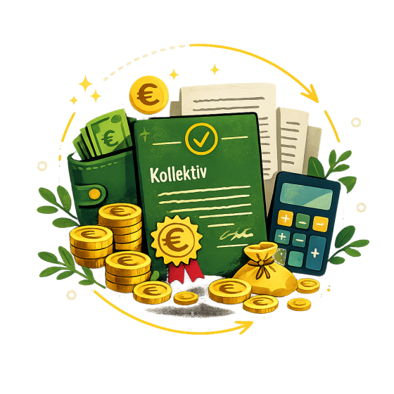 Illustration von Geld, Geldbörse, Taschenrechner und Kollektivvertrag