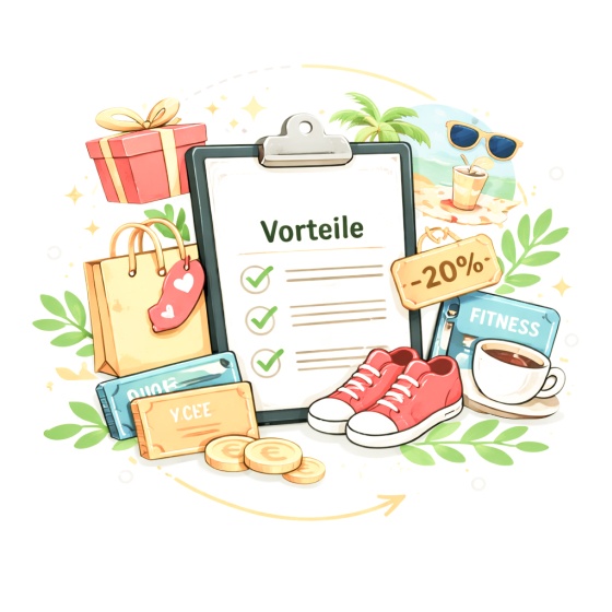 Illustration zum Thema Mitarbeiter*innen-Vergünstigungen, man sieht ein Klappbrett mit einem Zettel Vorteile, eine Einkaufstasche, Gutschein und so weiter