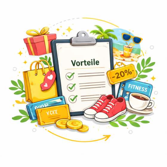 Illustration zum Thema Mitarbeiter*innen-Vergünstigungen, man sieht ein Klappbrett mit einem Zettel Vorteile, eine Einkaufstasche, Gutschein und so weiter